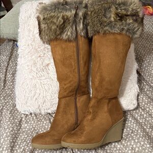 Brown Faux Fur Trim Wedge Boots